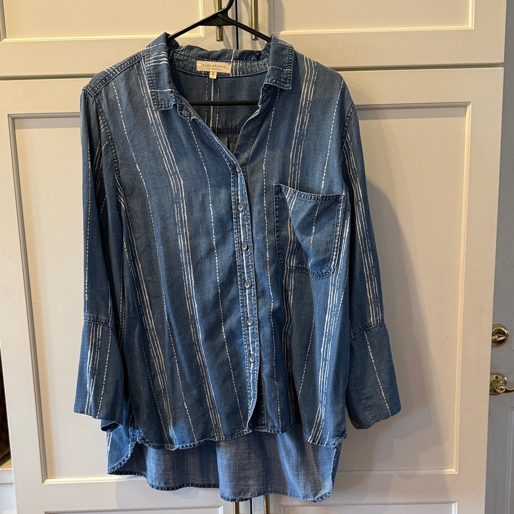 Side Stitch Blue Striped Denim Button Shirt